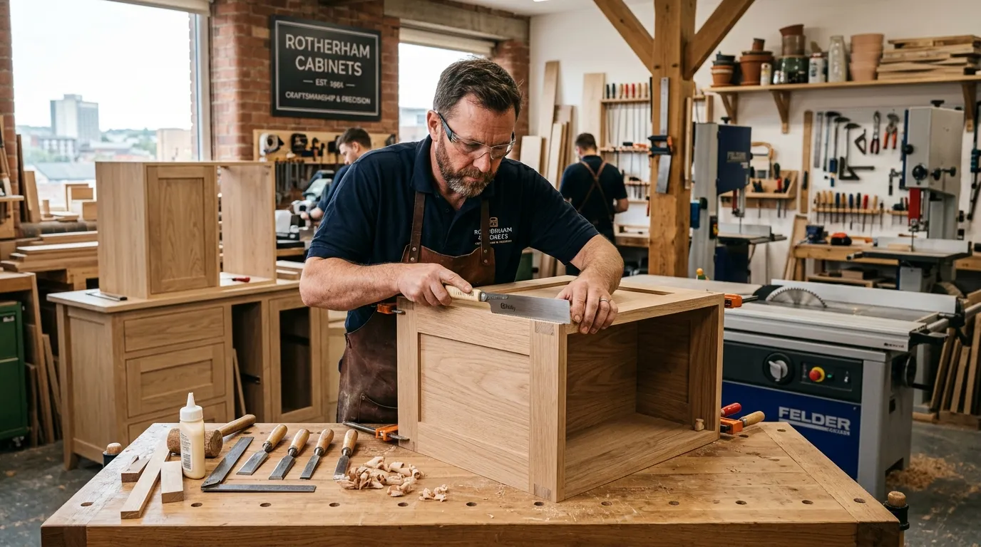 A professional and dynamic hero image featuring a skilled cabinet maker in a workshop in Rotherham, focused on assembling a high-quality kitchen cabinet. The image should convey craftsmanship, precision, and a modern, clean work environment.
