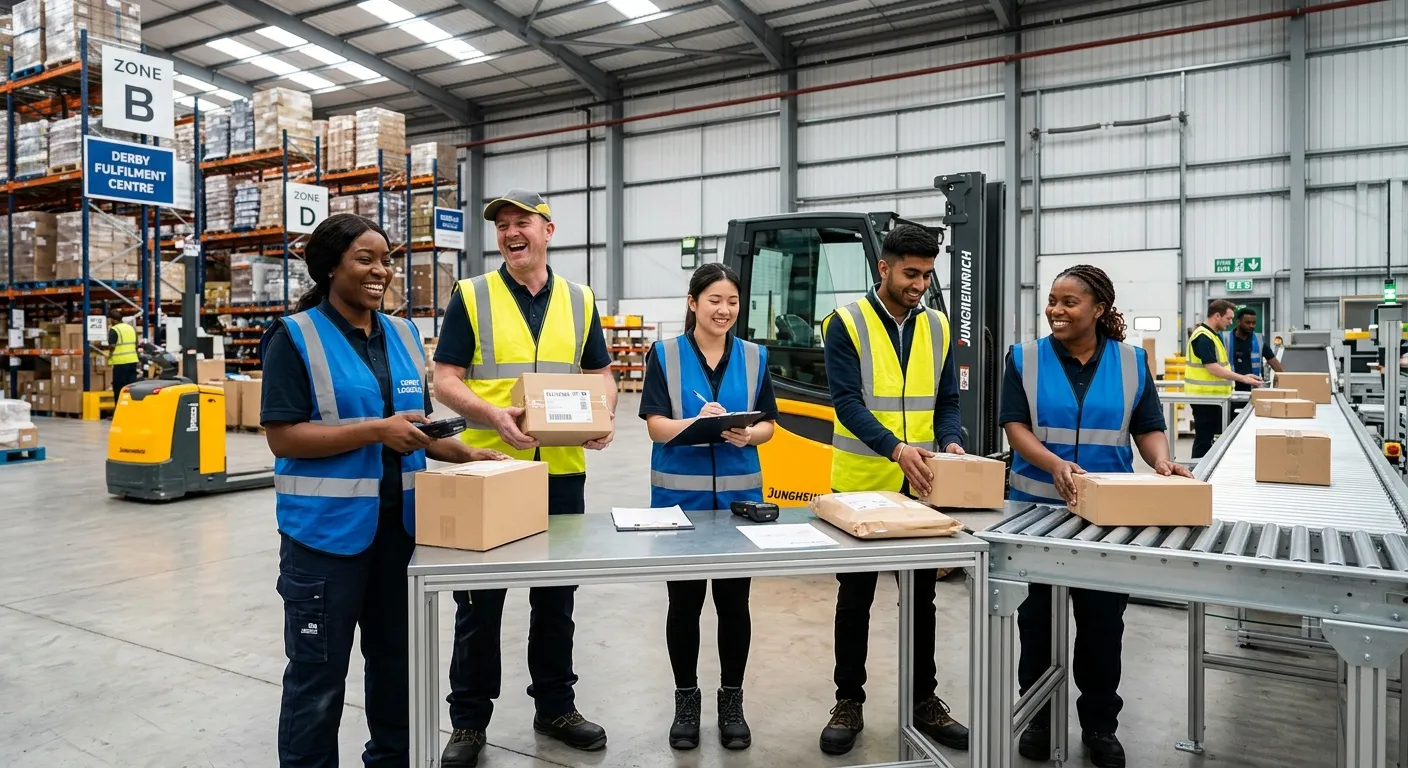 A professional, well-lit photo of a diverse team of warehouse operatives in high-vis vests, smiling... A professional, well-lit photo of a diverse team of warehouse operatives in high-vis vests, smiling and working together in a modern, clean warehouse environment in Derby. The mood should be positive, energetic, and industrious.
