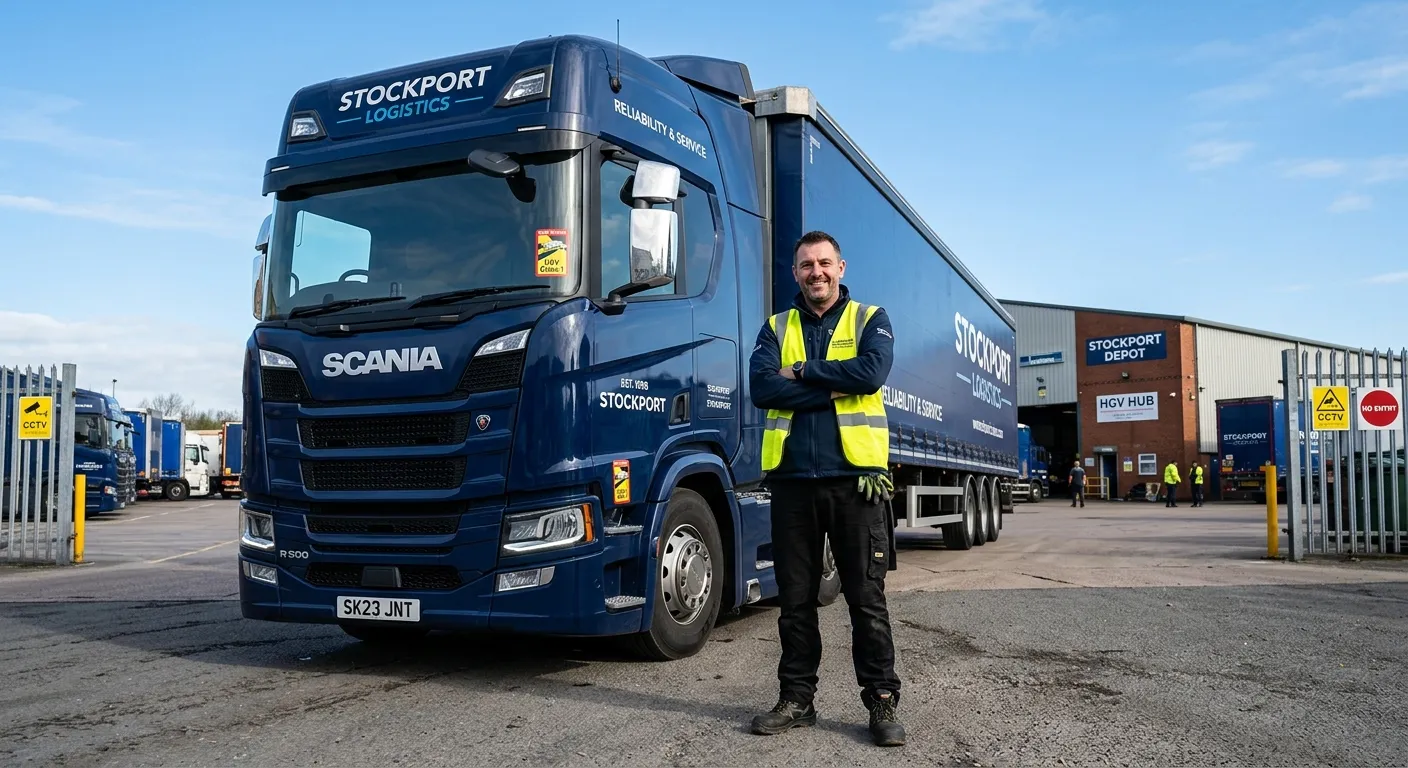 A professional, confident HGV Class 1 Driver in hi-vis vest standing beside a modern articulated lorry at a Stockport depot, with a clear blue sky in the background. The image should convey reliability and a professional work environment.