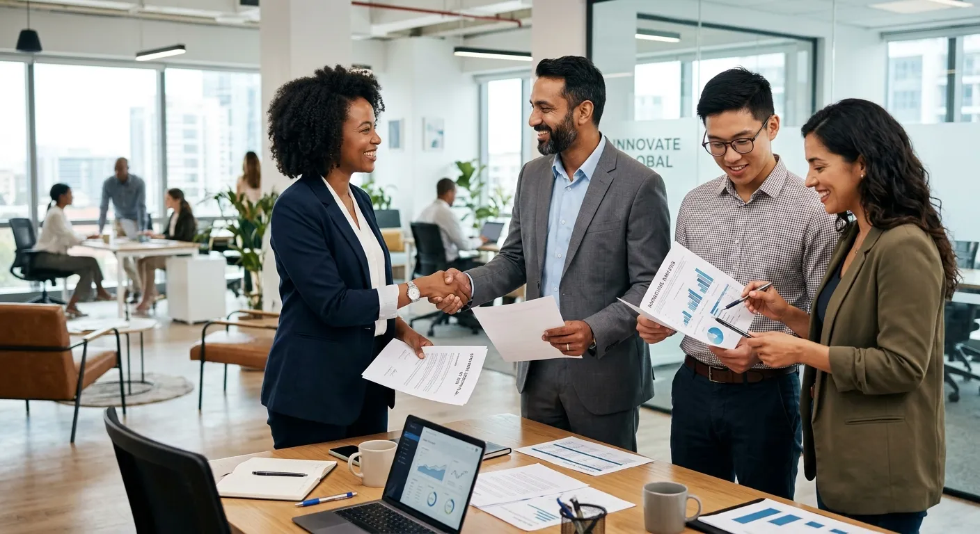 A modern, diverse group of professionals in a collaborative office setting, shaking hands and review... A modern, diverse group of professionals in a collaborative office setting, shaking hands and reviewing documents. Style: professional stock photo with a focus on human connection and recruitment. Mood: confident, successful, and forward-thinking.