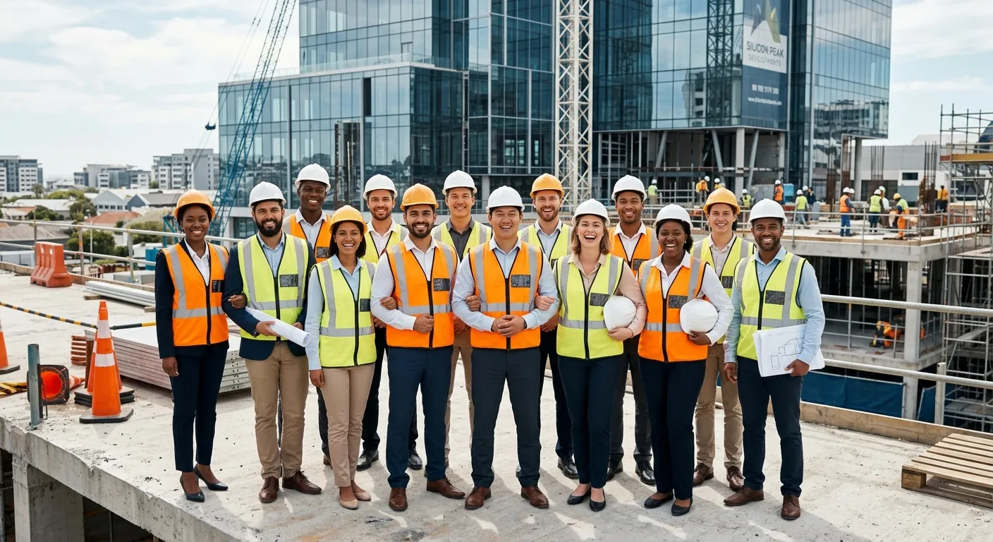 A diverse group of professional, confident workers in high-visibility vests and business attire standing together on a modern construction site and office backdrop, symbolizing a fully hired, complete team. Style: Professional, aspirational, high-contrast. Mood: Empowered, unified, and ready for action.