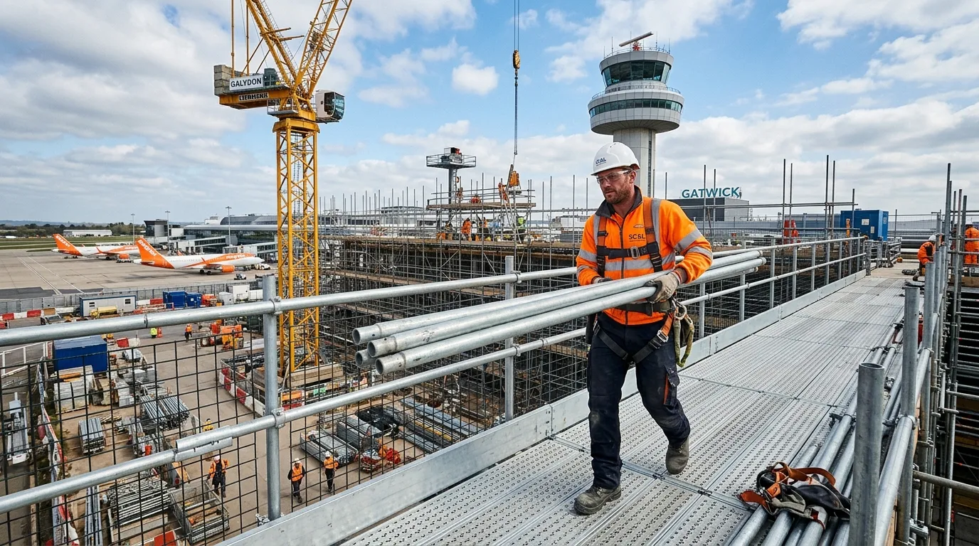A dynamic, wide-angle action shot of a scaffold labourer on a busy Gatwick construction site, safely... A dynamic, wide-angle action shot of a scaffold labourer on a busy Gatwick construction site, safely carrying steel tubes across a clean, organised deck with the airport control tower visible in the background. Focus on the practical work environment and PPE.