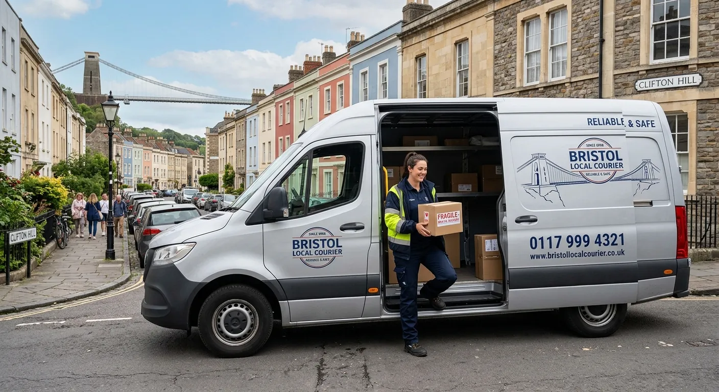 A professional, well-lit photo of a modern delivery van parked on a street in Bristol, with a friend... A professional, well-lit photo of a modern delivery van parked on a street in Bristol, with a friendly driver in uniform loading a package, conveying reliability and local service.