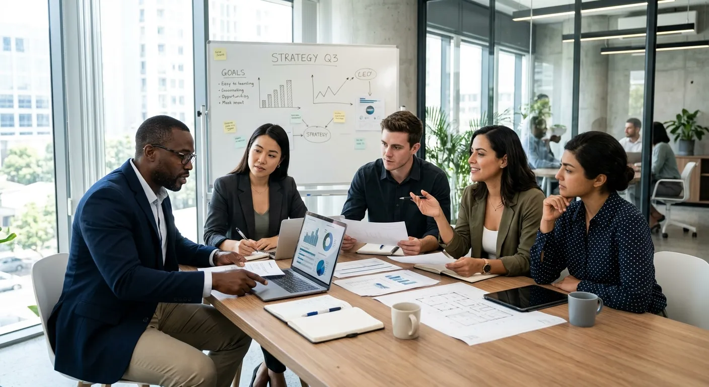 A professional, high-contrast image of a diverse team of professionals in a modern office collaborat... A professional, high-contrast image of a diverse team of professionals in a modern office collaborating around a table, looking focused and strategic. Style: Corporate, bright, and aspirational.