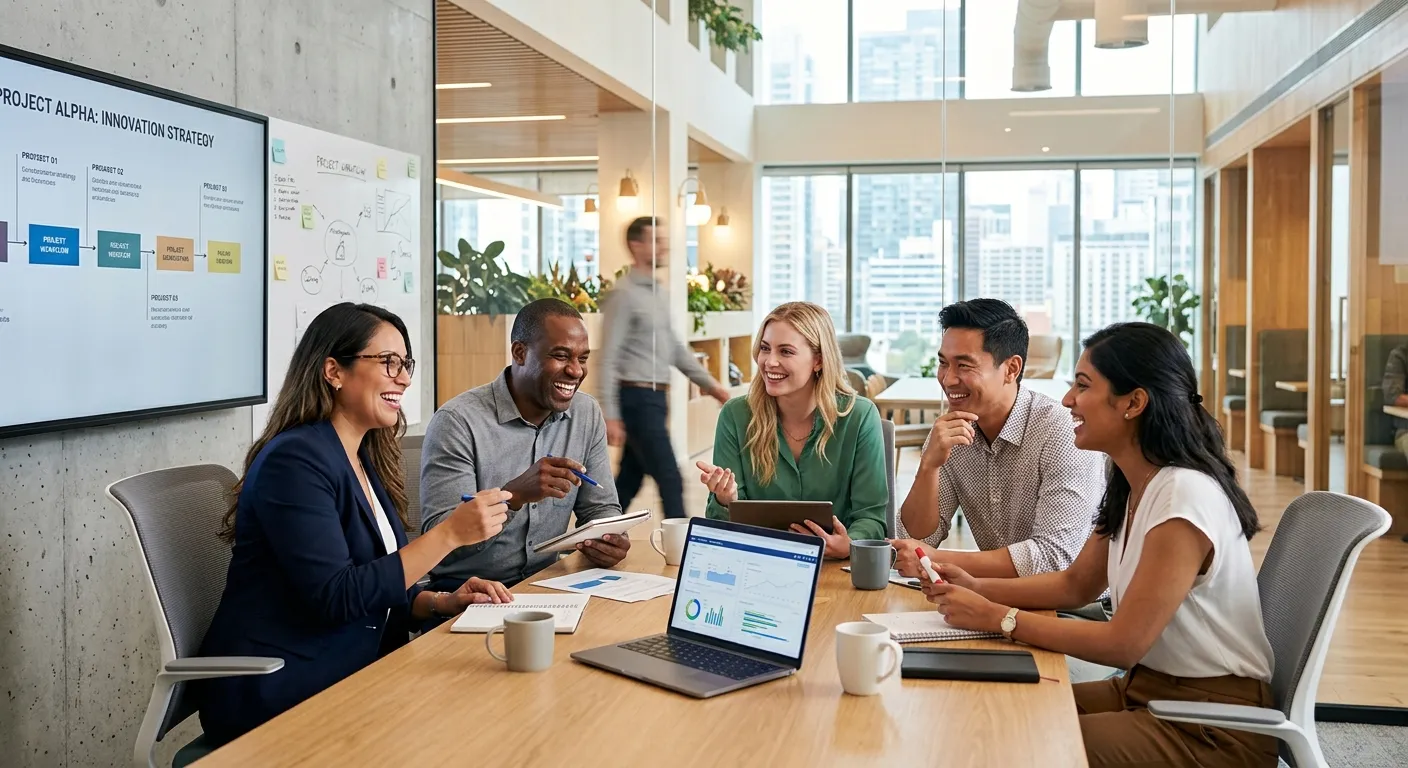 A diverse group of modern professionals collaborating in a bright, contemporary office space, smilin... A diverse group of modern professionals collaborating in a bright, contemporary office space, smiling and discussing a project. Style: Professional, bright, high-resolution. Mood: Energetic, collaborative, and successful.