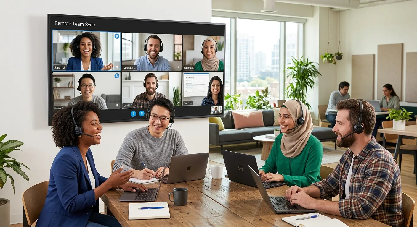 A diverse group of remote professionals working on laptops and wearing headsets, smiling and collabo... A diverse group of remote professionals working on laptops and wearing headsets, smiling and collaborating in a virtual meeting displayed on a large monitor. Style: modern, bright, and professional, conveying seamless remote teamwork.