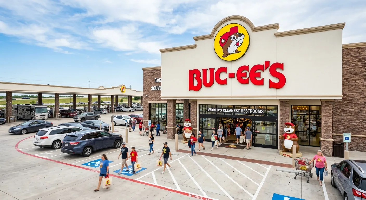 A dynamic, professional photo of the iconic Buc-ee's storefront with its beaver mascot, showcasing a clean, well-lit, and busy travel center environment. The mood is welcoming, efficient, and modern.