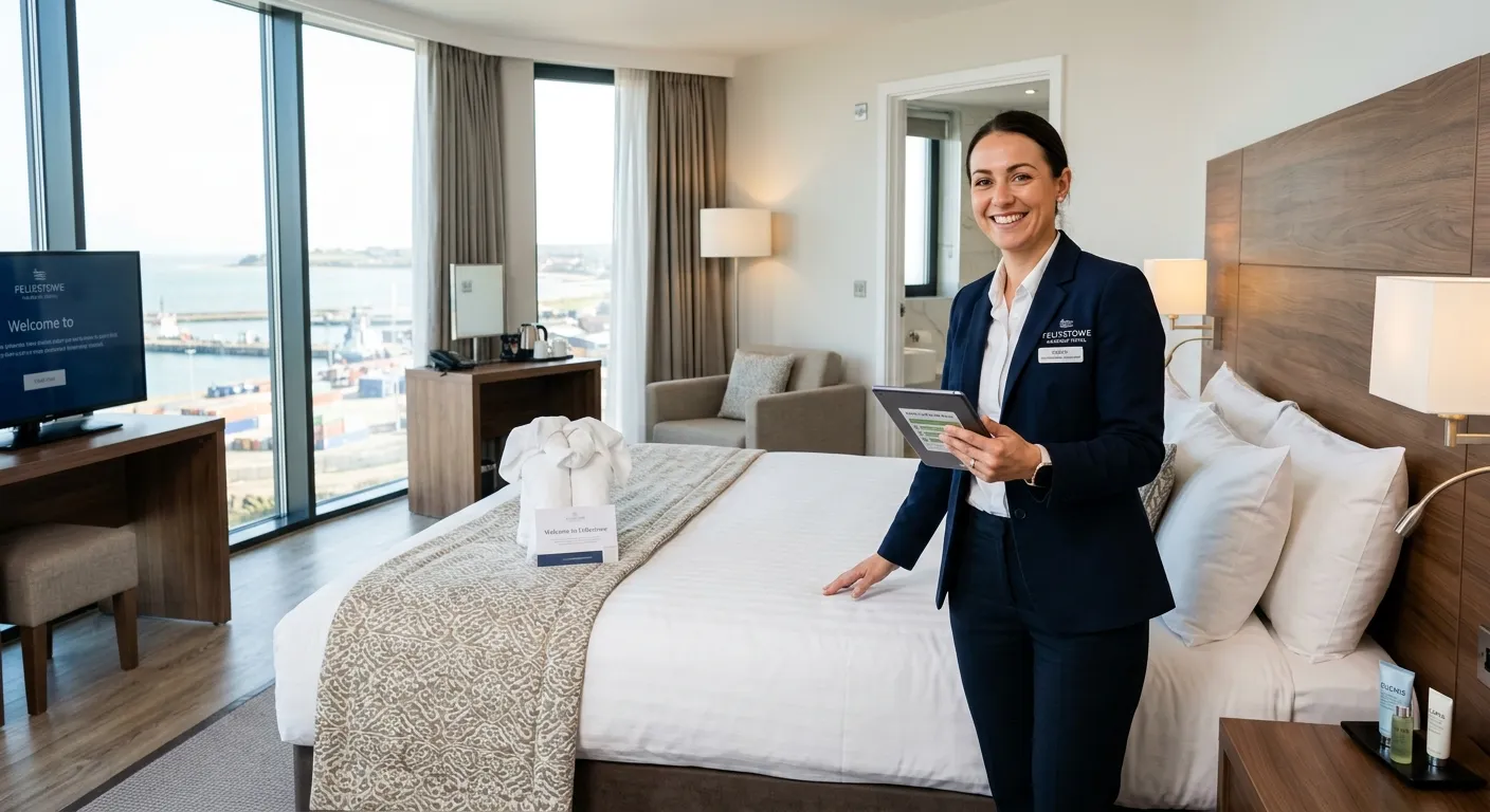 A professional and friendly-looking Housekeeping Supervisor in a modern hotel or corporate facility... A professional and friendly-looking Housekeeping Supervisor in a modern hotel or corporate facility in Felixstowe, smiling while conducting a quality check on a clean, well-presented guest room. The image should convey leadership, attention to detail, and a pristine environment.