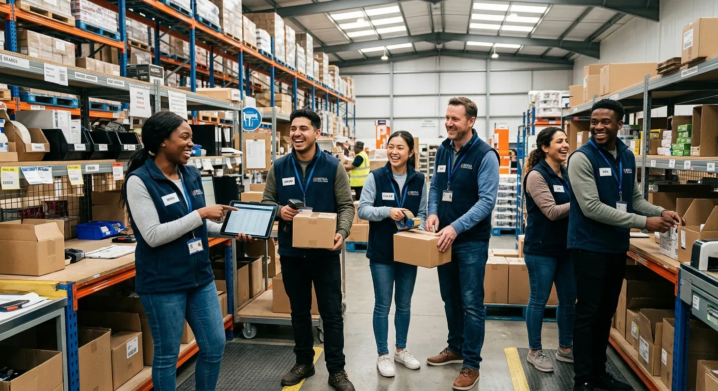 A diverse group of happy, professional seasonal workers in a retail warehouse setting, smiling and collaborating. Bright, vibrant, and professional mood.