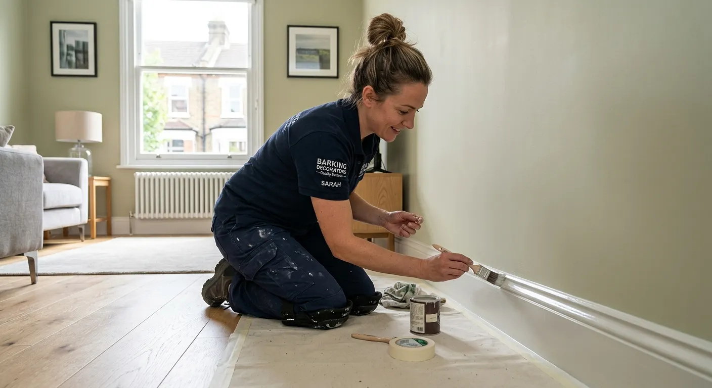 A professional Painter & Decorator in clean workwear, meticulously applying a final coat of paint to a skirting board in a modern, light-filled residential property in Barking. The image should convey skill, attention to detail, and a high-quality finish.