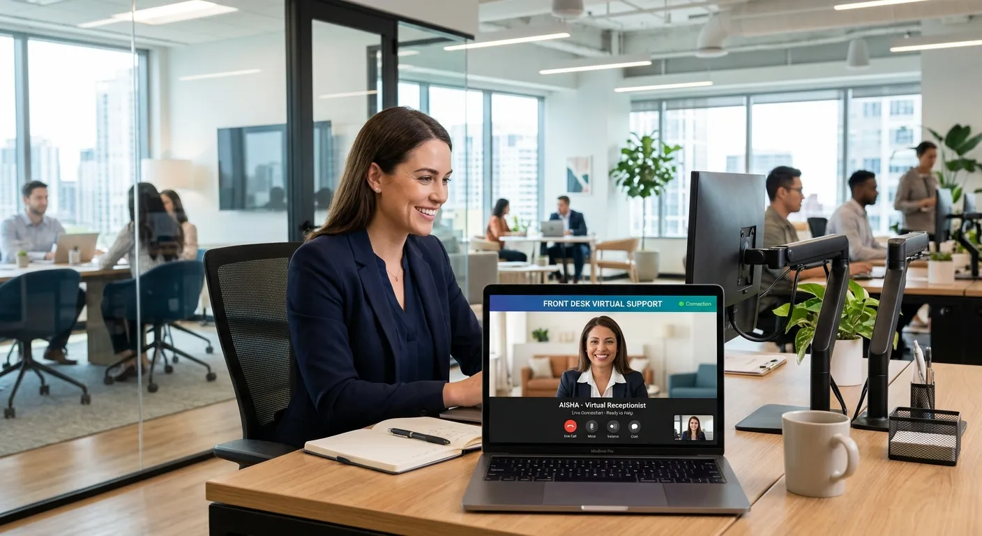 A modern, professional office environment with a laptop screen showing a friendly, professional virtual receptionist interface on a video call, symbolizing seamless remote support. Style: Bright, clean, corporate. Mood: Efficient, trustworthy, and innovative.