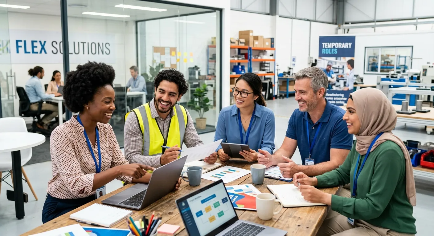 A modern, diverse group of professional temporary workers in an office or light industrial setting,... A modern, diverse group of professional temporary workers in an office or light industrial setting, collaborating and smiling. Style should be bright, high-resolution, and convey energy and reliability.