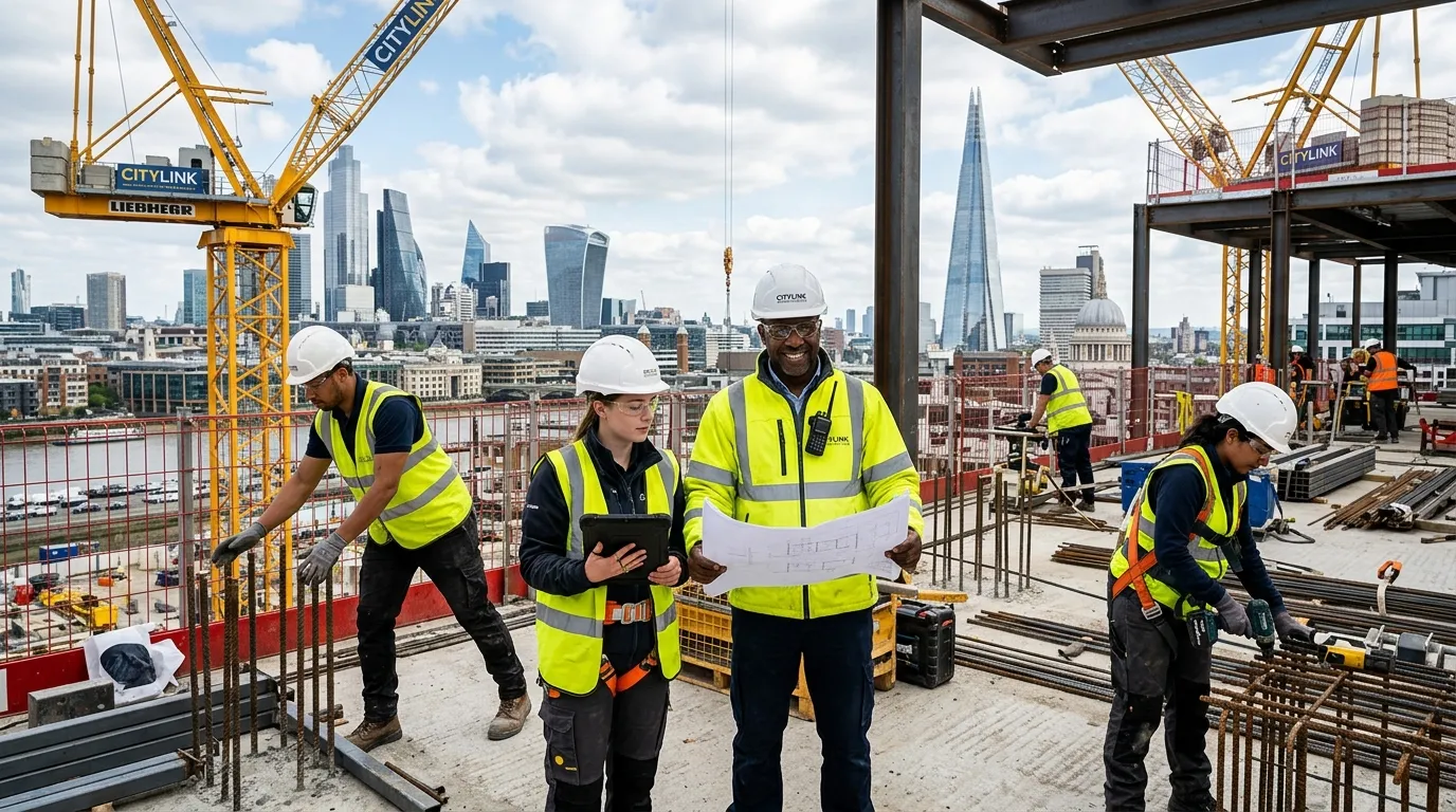 A dynamic, professional hero image showing a diverse construction team on a modern London construction site, with iconic London skyline in the background. The mood is industrious, efficient, and forward-thinking.