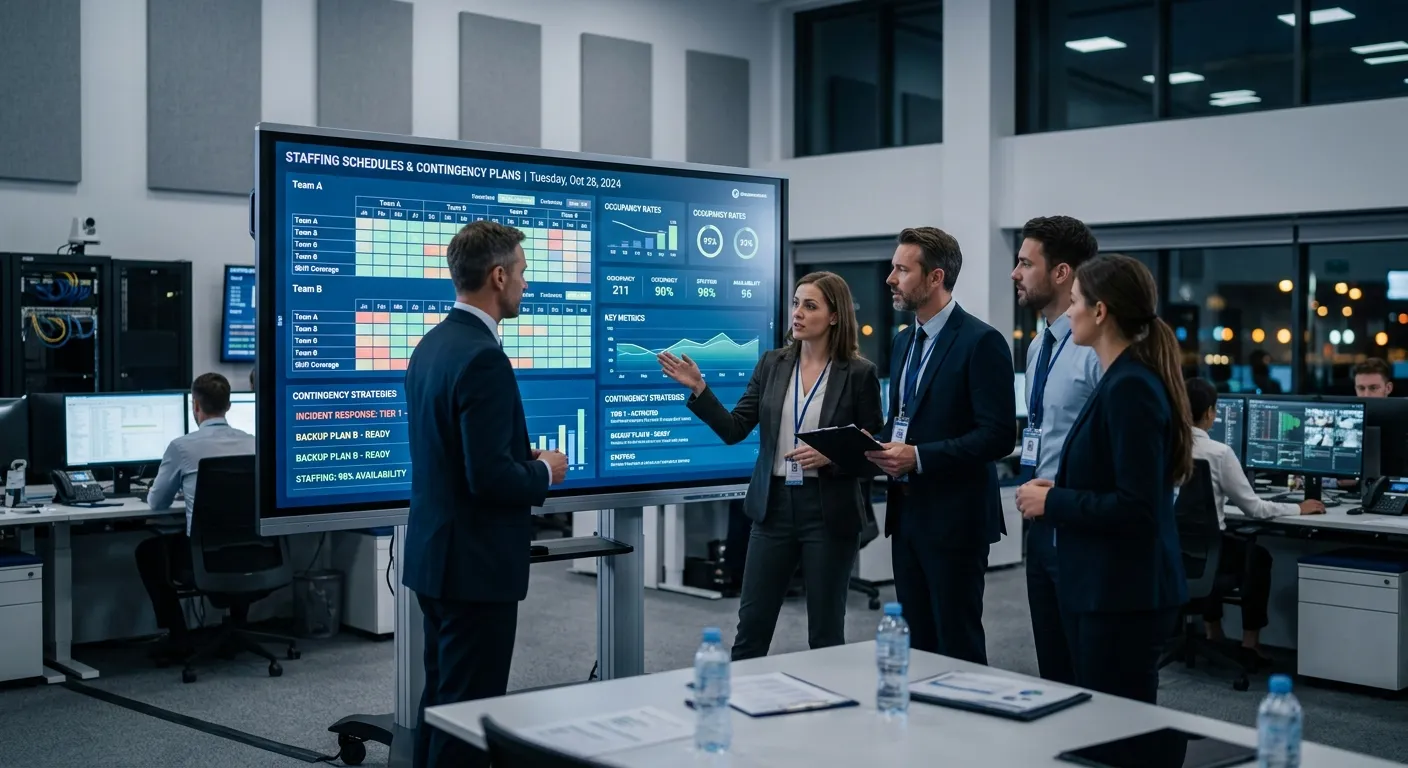 A professional, high-contrast photo of a modern, well-lit business operations center. Managers in pr... A professional, high-contrast photo of a modern, well-lit business operations center. Managers in professional attire are reviewing data on a large screen, showing staffing schedules and contingency plans. The mood is calm, strategic, and prepared.