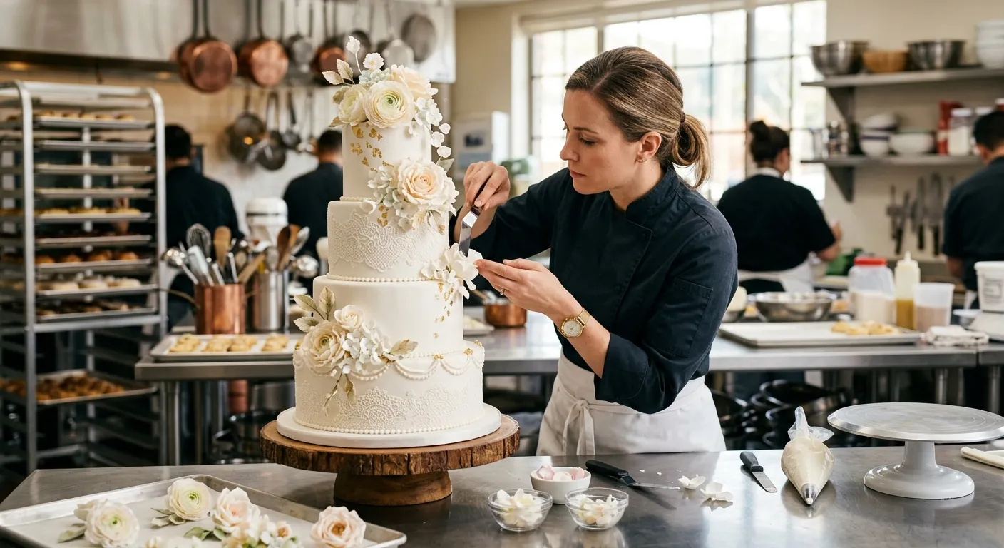 A professional, high-end kitchen scene focusing on a skilled pastry chef meticulously decorating an... A professional, high-end kitchen scene focusing on a skilled pastry chef meticulously decorating an elaborate wedding cake. The mood is sophisticated, precise, and vibrant, highlighting craftsmanship.