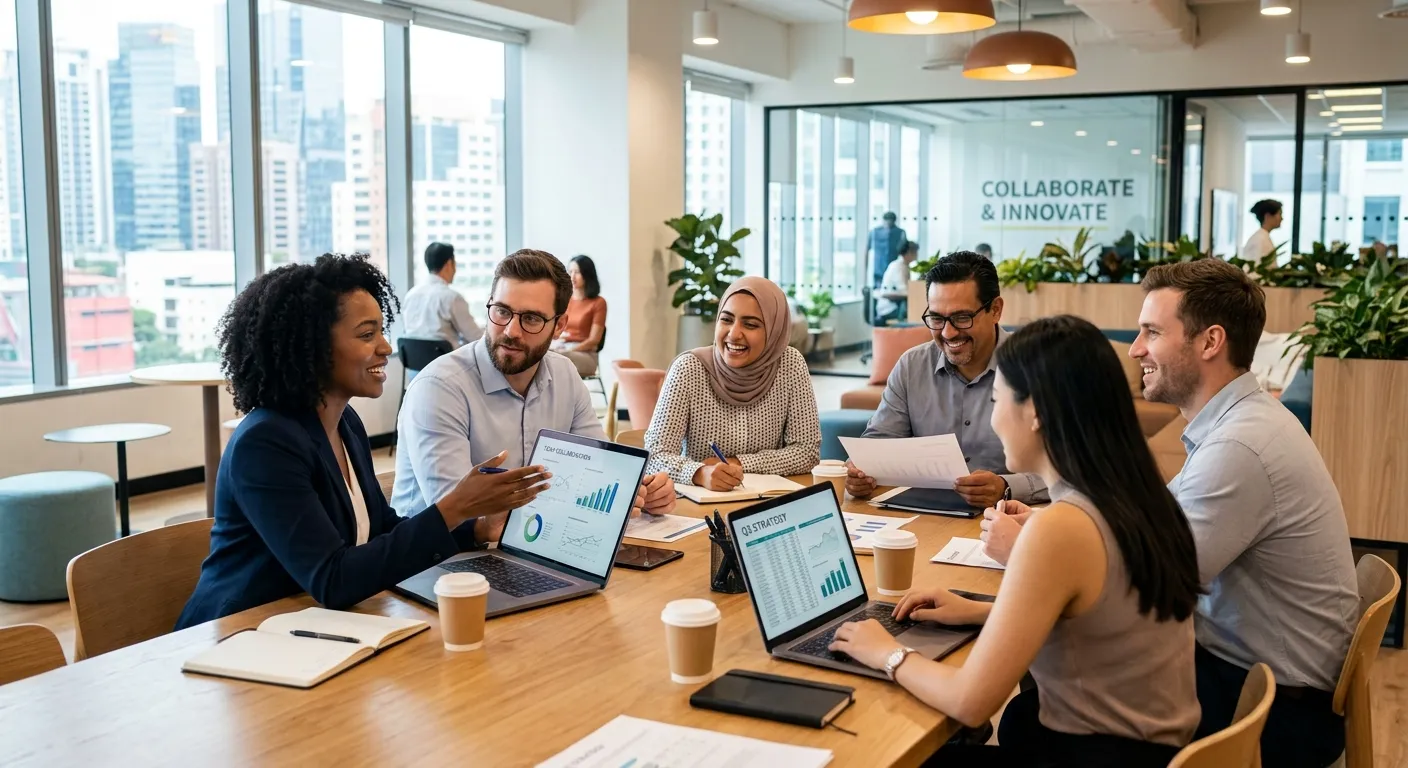 A professional, diverse group of modern office workers collaborating in a bright, open-plan workspac... A professional, diverse group of modern office workers collaborating in a bright, open-plan workspace. Style is realistic and aspirational, conveying trust and successful partnership.