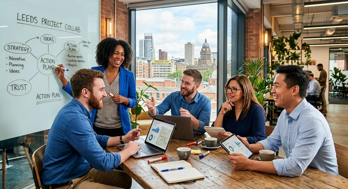 A professional, high-energy photograph of a diverse team collaborating in a modern Leeds office spac... A professional, high-energy photograph of a diverse team collaborating in a modern Leeds office space, with the Leeds skyline visible through a window. Style is bright, sharp, and conveys trust and action.