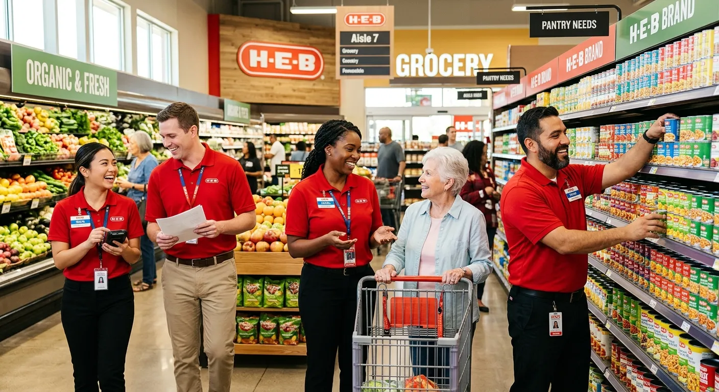 A professional, high-contrast image of a diverse group of HEB employees in a modern grocery store se... A professional, high-contrast image of a diverse group of HEB employees in a modern grocery store setting, smiling and collaborating. One employee is assisting a customer, another is stocking shelves. The mood is welcoming, professional, and energetic, emphasizing a stable work environment.