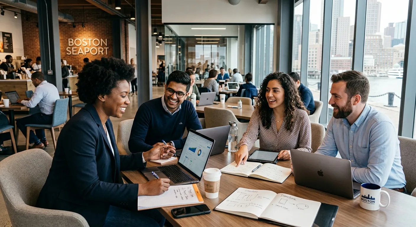 A dynamic, professional photo of diverse team members collaborating in a modern Boston co-working space, such as the Seaport District. Smiling, engaged part-time workers are shown in a meeting, with laptops and notepads, symbolizing flexible, productive work.