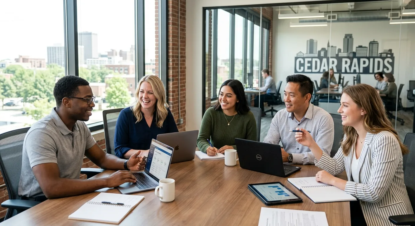 A professional, diverse group of temp workers collaborating in a modern Cedar Rapids office setting, smiling and engaged. Style: Bright, realistic corporate photography with a focus on teamwork and productivity.