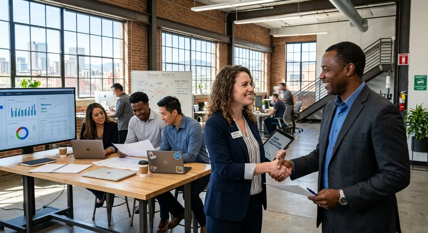 A professional, high-energy photo of a diverse team collaborating in a modern Denver office or light industrial setting. Smiling temp agency representative shaking hands with a business manager. Style: Bright, optimistic, professional. Mood: Trustworthy, efficient, and dynamic.