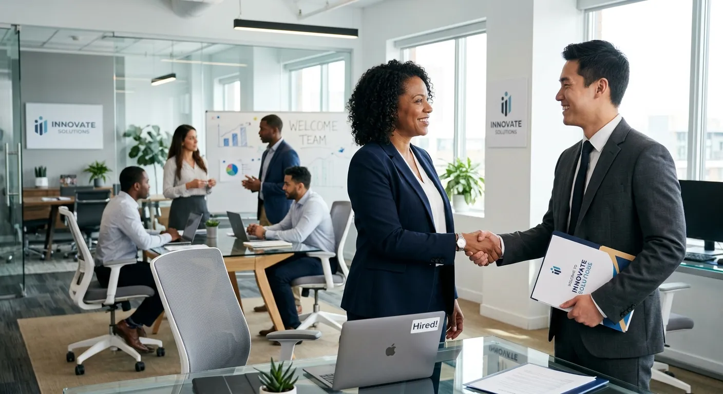A modern, professional office environment with a diverse team collaborating. Focus on a handshake be... A modern, professional office environment with a diverse team collaborating. Focus on a handshake between a hiring manager and a new employee, symbolizing a successful direct hire. Style: Bright, sharp, and aspirational.