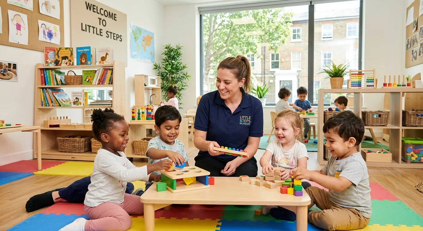 A friendly, professional Nursery Nurse engaging with happy, diverse toddlers in a bright, modern nursery setting in London, with natural light and educational toys.