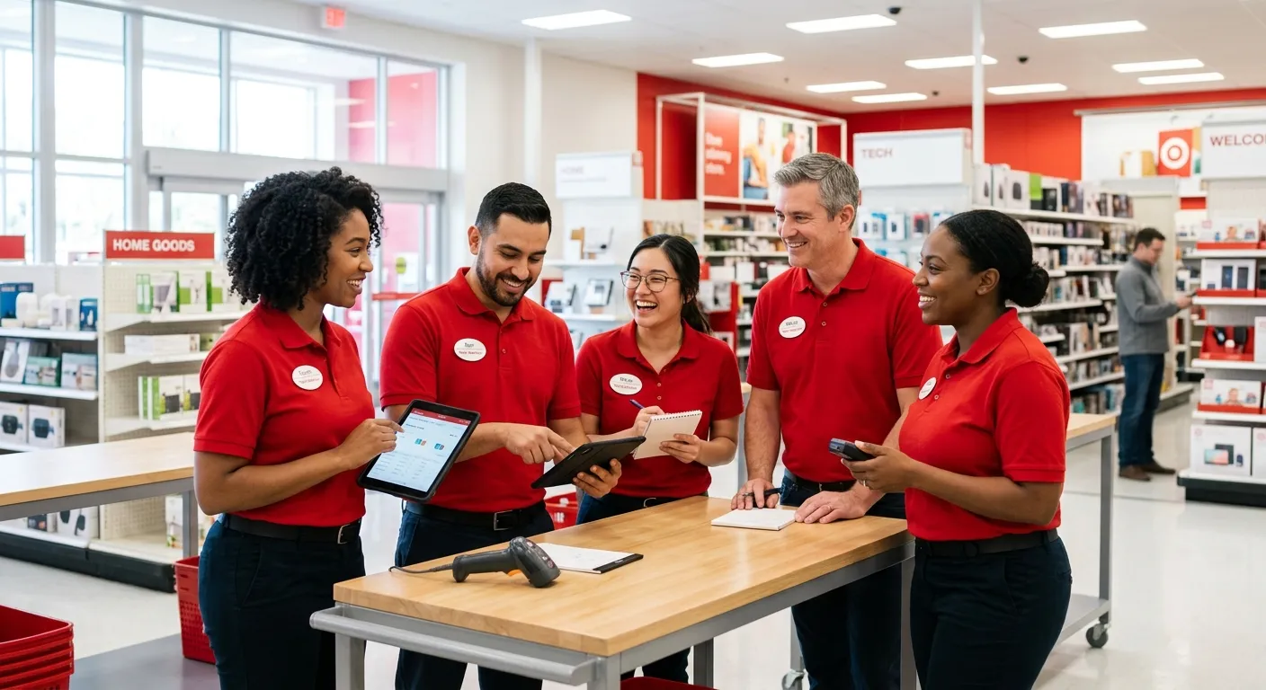 A modern, professional photo of a diverse group of Target store employees in red shirts, smiling and collaborating in a bright, well-organized retail environment. Style: corporate, authentic, high-resolution. Mood: welcoming, efficient, and career-focused.