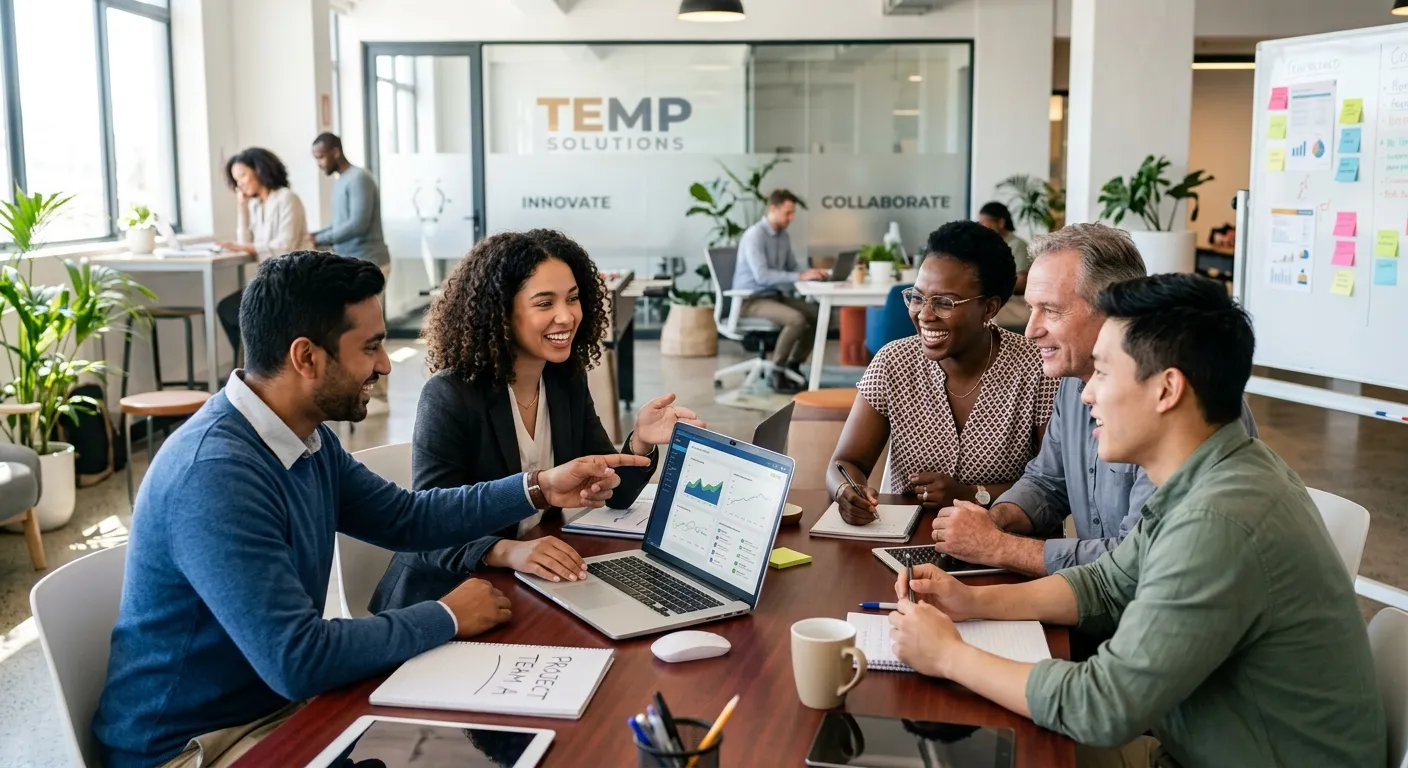 A diverse group of professional temporary workers in a modern office setting, collaborating around a laptop. Style: Professional, bright, and energetic. Mood: Productive and forward-looking.