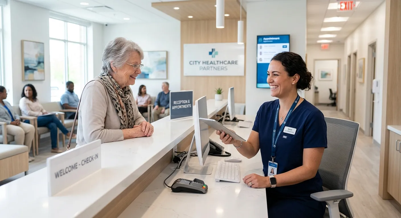 A modern, professional medical receptionist smiling while assisting a patient at a sleek front desk... A modern, professional medical receptionist smiling while assisting a patient at a sleek front desk in a bright, clean clinic. The image conveys efficiency, warmth, and a high-tech healthcare environment.