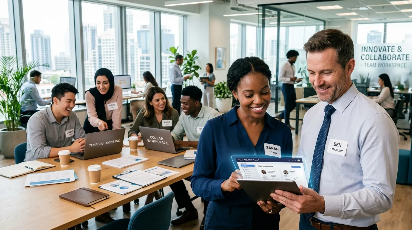 A dynamic, professional hero image showing a diverse group of temporary workers collaborating in a modern office setting. A manager is reviewing a tablet with a candidate. Style is bright, optimistic, and high-energy.