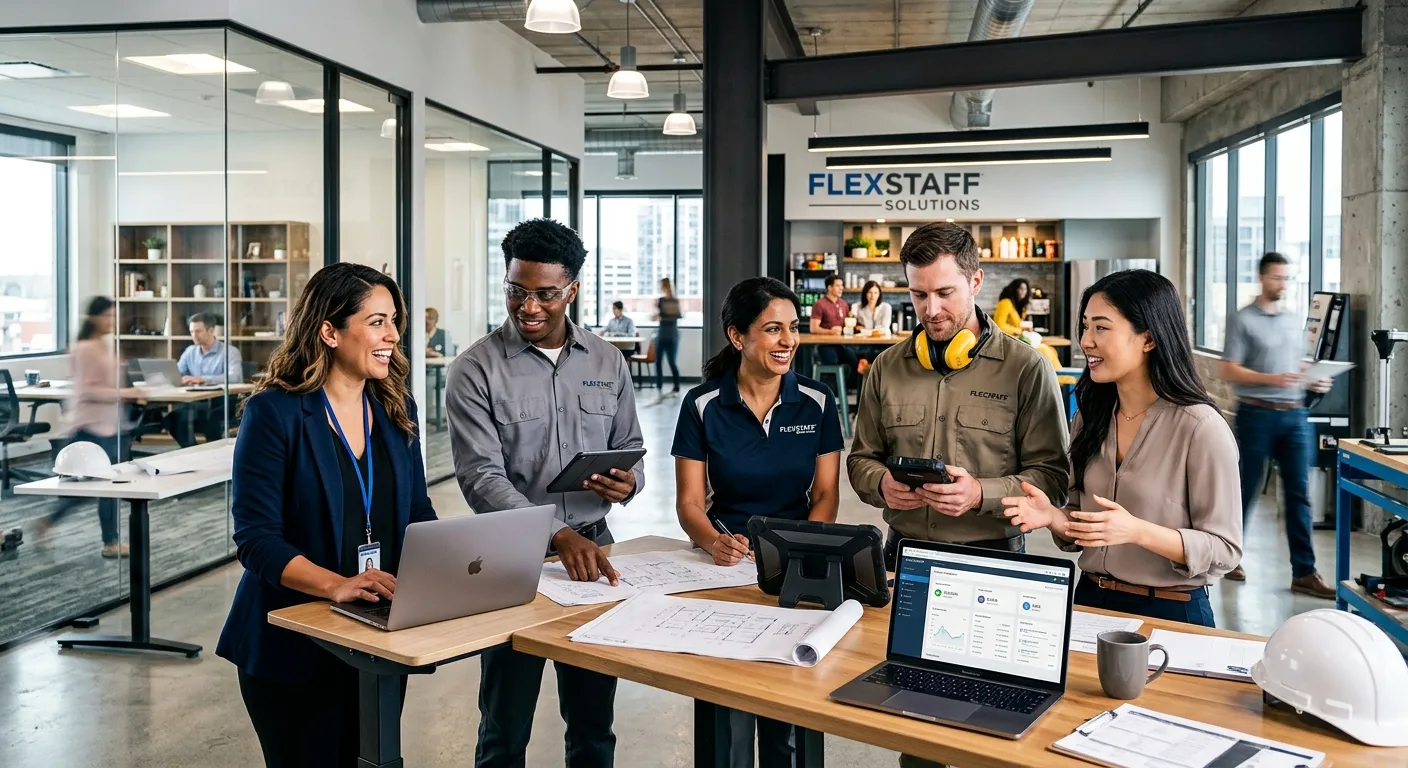 A dynamic, high-contrast hero image showing a diverse group of professional temporary workers in a m... A dynamic, high-contrast hero image showing a diverse group of professional temporary workers in a modern office and industrial setting, looking engaged and collaborative. Style: Professional corporate photography with vibrant, sharp focus. Mood: Energetic, reliable, and efficient.