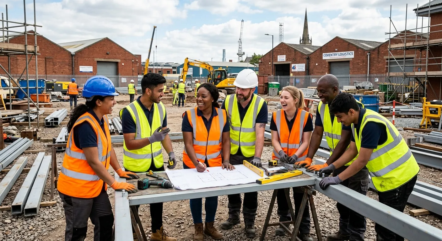 Professional, high-energy photo of a diverse team of general labourers in high-visibility vests collaborating on a construction or warehouse project in an industrial area of Coventry, smiling and looking engaged.