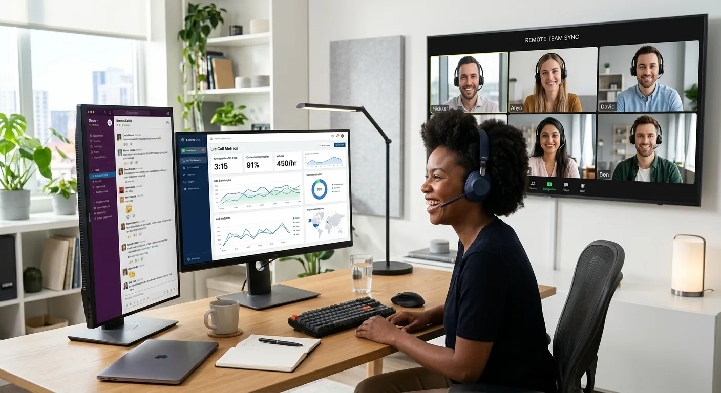 A modern, professional workspace with multiple monitors showing call analytics and a friendly, diverse remote team wearing headsets, smiling. Style is bright, clean, and tech-forward.