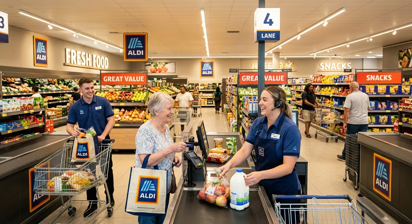 A professional, high-contrast image of a modern Aldi store interior, focusing on friendly, efficient... A professional, high-contrast image of a modern Aldi store interior, focusing on friendly, efficient staff in uniform assisting customers. The mood is bright, energetic, and professional, highlighting a positive work environment.