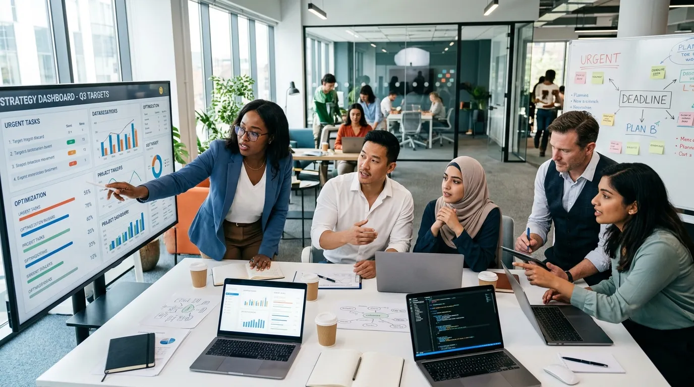 A dynamic, professional hero image showing a diverse team of professionals in a modern office collaborating, with a focus on urgency and efficiency. The mood is energetic, modern, and solution-oriented.