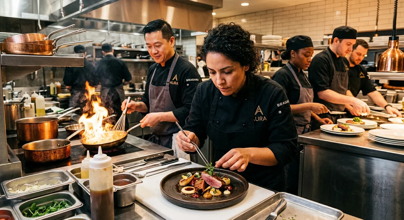 A dynamic, high-energy shot of a diverse team of professional chefs in a gleaming, world-class kitch... A dynamic, high-energy shot of a diverse team of professional chefs in a gleaming, world-class kitchen. One chef is plating an exquisite dish, others are collaborating. Style is modern, vibrant, and aspirational, conveying prestige and skill.