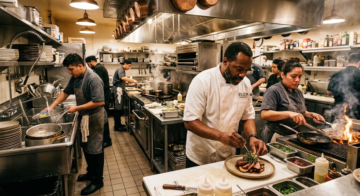 A professional, high-energy kitchen scene in a bustling restaurant. Diverse kitchen staff in crisp uniforms working collaboratively—a chef plating a dish, a line cook at the grill, and a kitchen porter washing pots. The mood is dynamic, focused, and professional, shot with warm lighting.