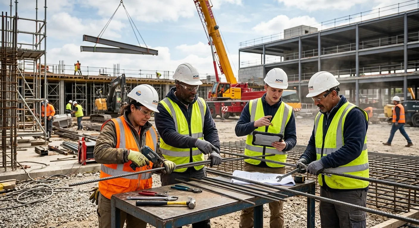 A diverse group of skilled labourers on a busy construction site, wearing high-visibility vests and... A diverse group of skilled labourers on a busy construction site, wearing high-visibility vests and hard hats, collaborating on a task. The mood is professional, energetic, and industrious.