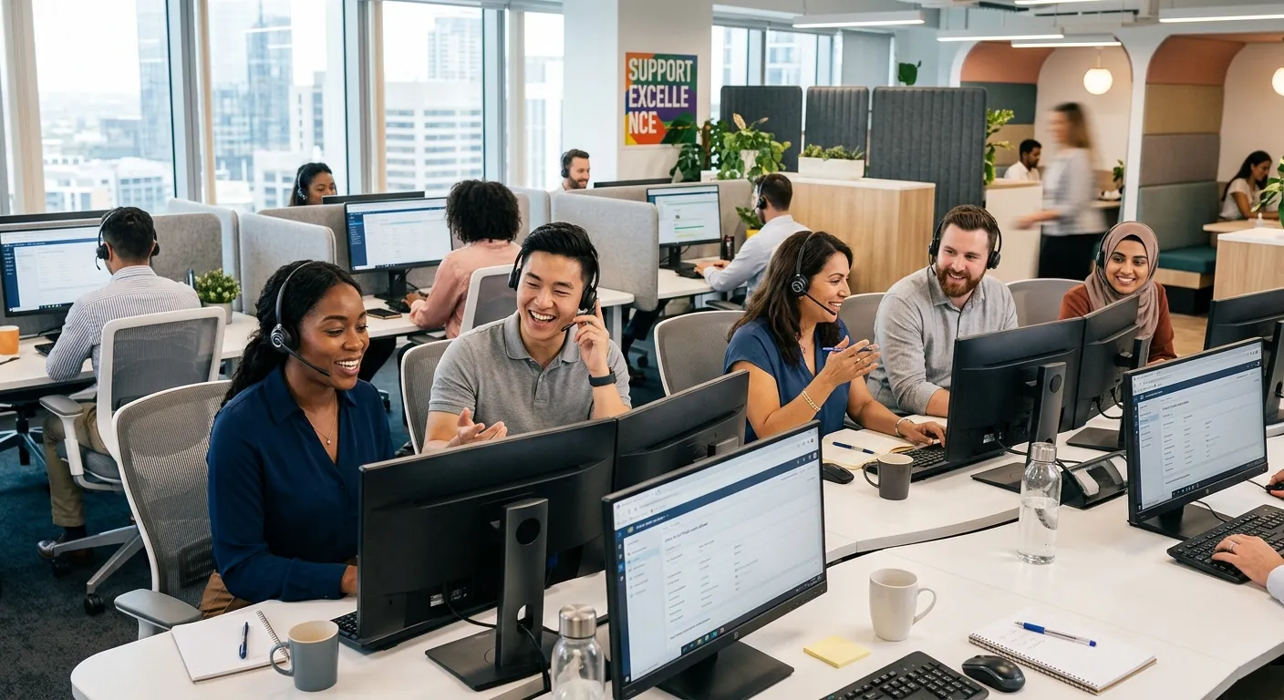 A diverse, professional customer service team in a modern call centre environment, smiling and weari... A diverse, professional customer service team in a modern call centre environment, smiling and wearing headsets, with a focus on collaboration and positive energy. Bright, professional office lighting.