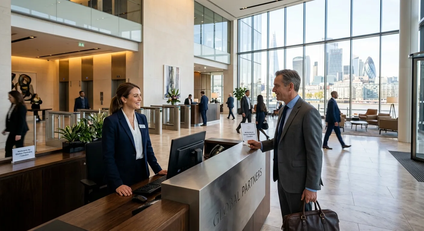 A professional, wide-angle shot of a modern corporate lobby in a London skyscraper. A sharp-dressed, confident female receptionist smiles warmly while assisting a well-dressed executive. The style is bright, high-end, and aspirational, with a shallow depth of field focusing on the receptionist.