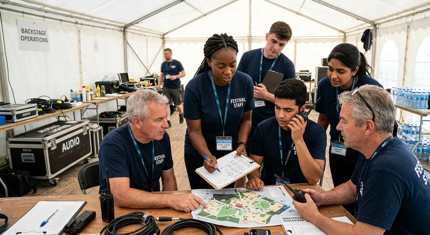 A dynamic, professional photo of a diverse festival operations team in a backstage tent, reviewing a... A dynamic, professional photo of a diverse festival operations team in a backstage tent, reviewing a clipboard and walkie-talkies. The mood is energetic, focused, and collaborative, with soft morning light filtering through the tent fabric.