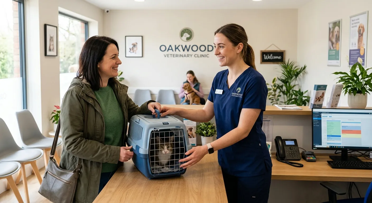 A professional, well-lit photo of a friendly veterinary receptionist in a clean clinic setting, smiling while assisting a client with a pet carrier. Warm, inviting mood.