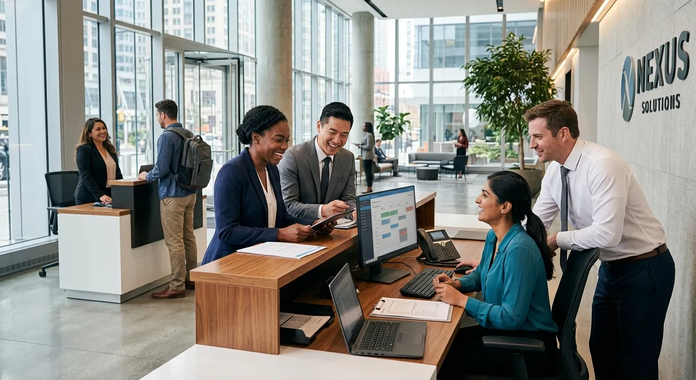 A diverse, professional team of receptionists and administrators working in a modern, bright office lobby, smiling and collaborating. Style: Professional corporate photography with a focus on communication and efficiency. Mood: Welcoming, competent, and dynamic.
