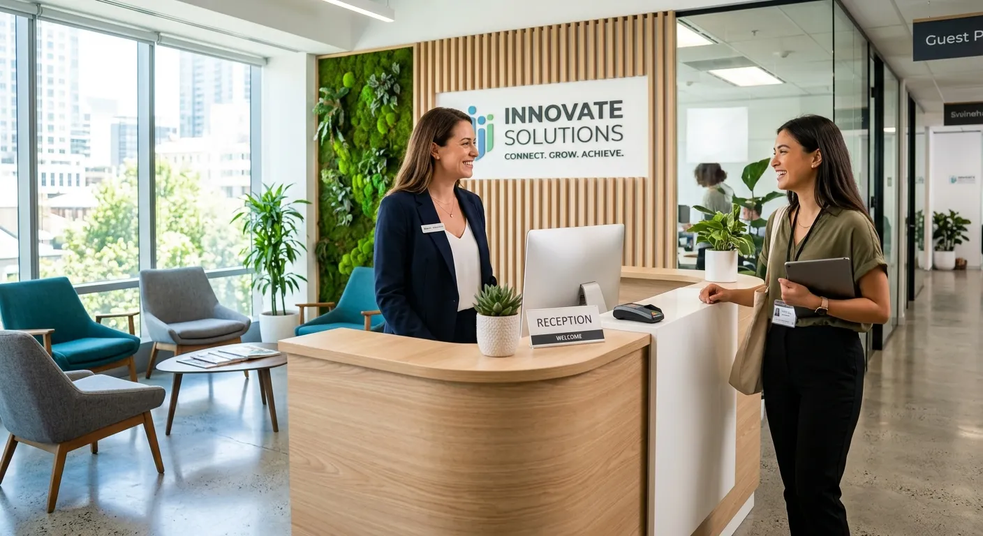 A modern, vibrant office reception area with a professional, smiling receptionist greeting a visitor... A modern, vibrant office reception area with a professional, smiling receptionist greeting a visitor. Style is bright, professional, and inviting, with a focus on clear communication and a welcoming atmosphere.