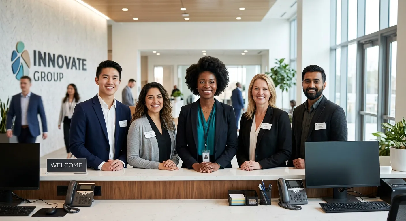 A professional, diverse group of receptionists smiling at a modern, well-lit office front desk, repr... A professional, diverse group of receptionists smiling at a modern, well-lit office front desk, representing friendly and efficient customer service. Style: Bright, professional business photography.