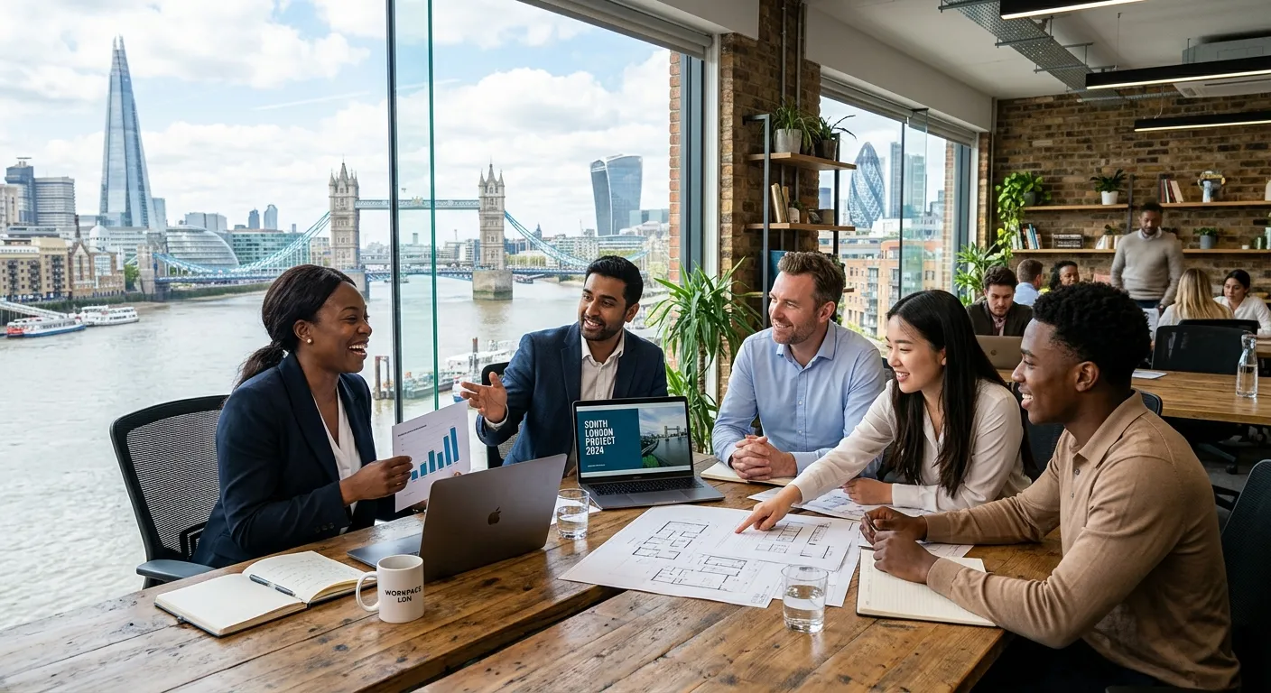 A dynamic, professional photo of a diverse team of office professionals collaborating in a modern South London workspace. The image should convey energy, professionalism, and partnership, with a focus on London landmarks visible through a window.