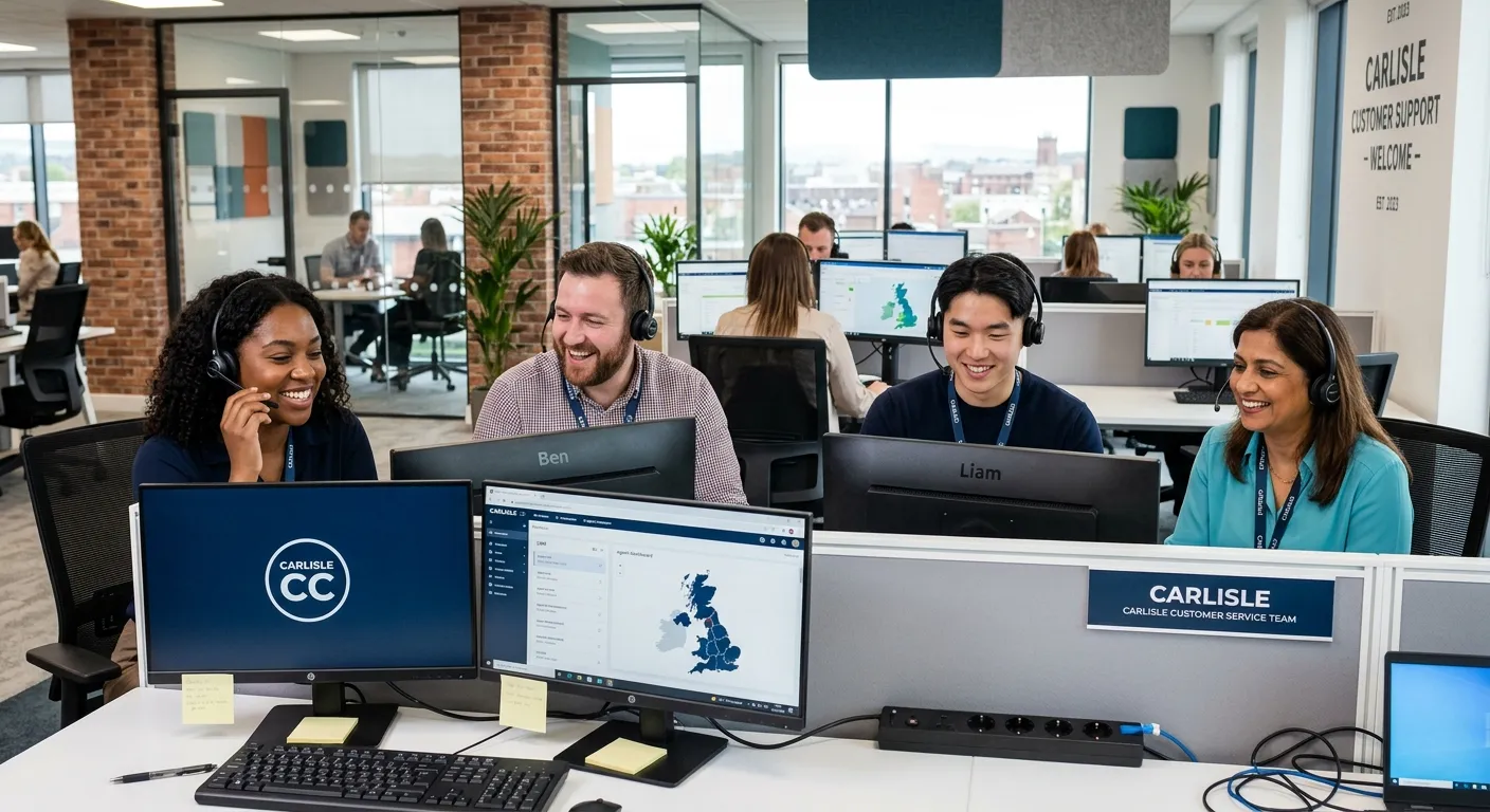 A professional, diverse team of customer service advisors working in a bright, modern call centre in Carlisle, smiling and wearing headsets. The mood is energetic and collaborative.