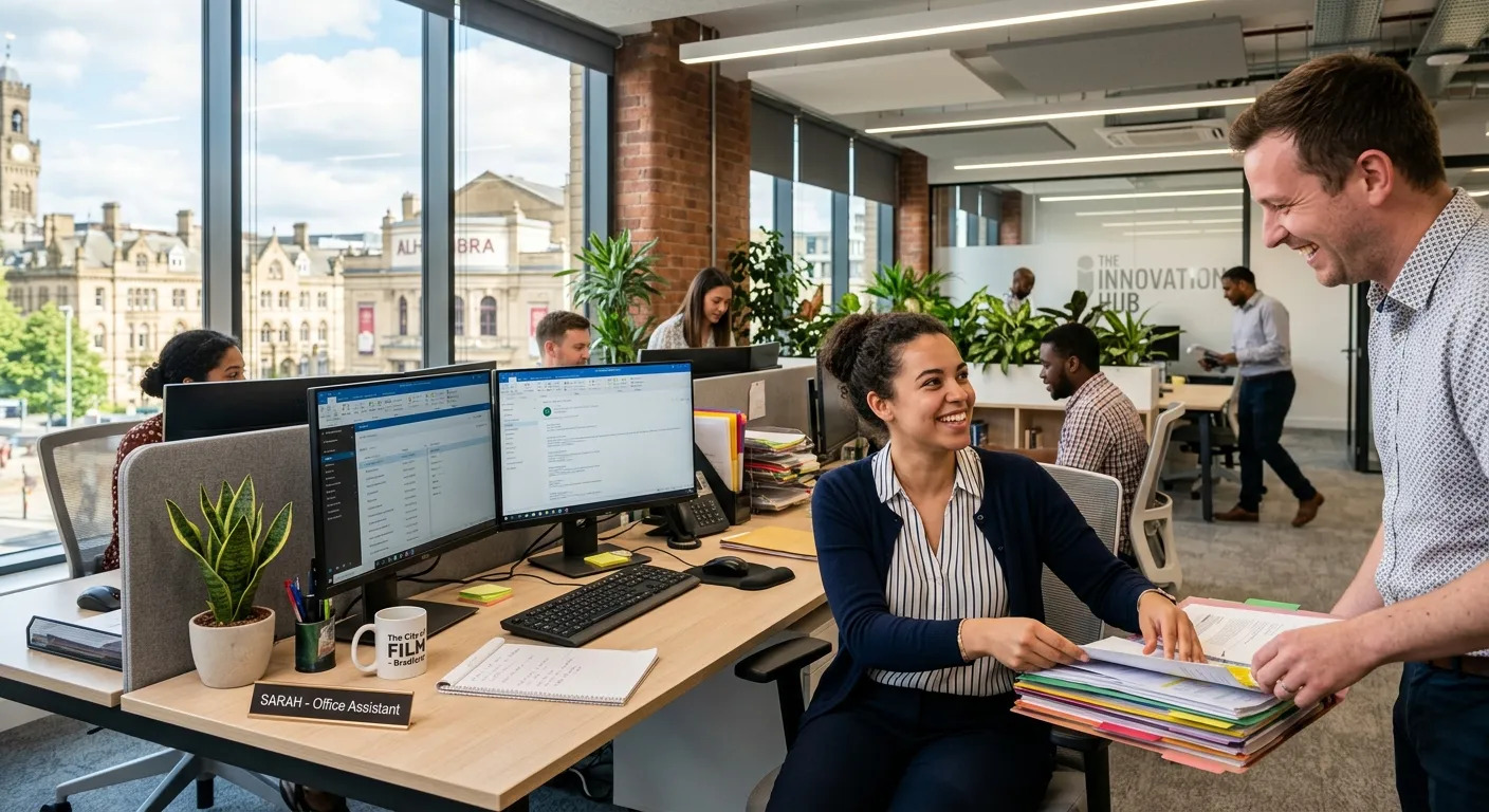 A bright, modern open-plan office in Bradford, showing an Office Assistant at a tidy desk with dual... A bright, modern open-plan office in Bradford, showing an Office Assistant at a tidy desk with dual monitors, organising files while smiling at a colleague. Natural light from large windows, plants, and a collaborative atmosphere.