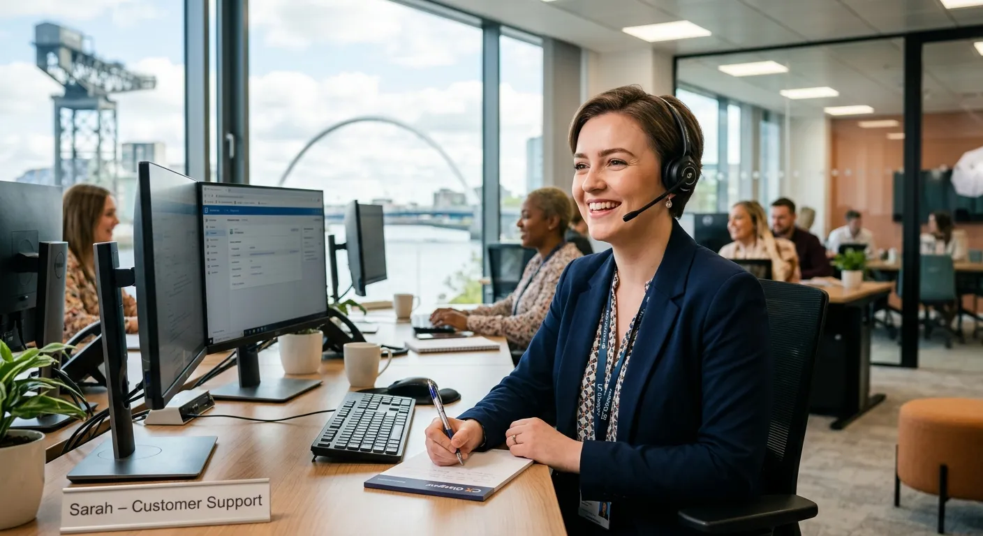 Professional, confident Customer Service Advisor smiling while speaking with a client on a headset i... Professional, confident Customer Service Advisor smiling while speaking with a client on a headset in a modern office environment. The background should subtly feature Glasgow landmarks like the Clyde Arc bridge, creating a local feel. The image should be high-quality, bright, and welcoming.